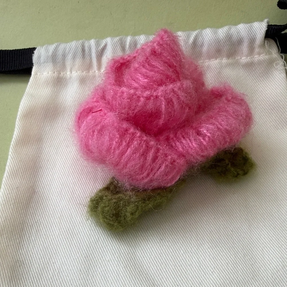 Unique Hand-Knitted Pink Mohair Flower Brooch